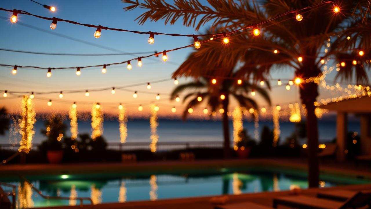 Festive poolside terrace at dusk